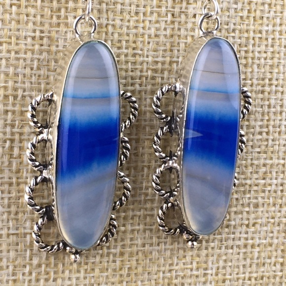 New Striped Blue Botswana Agate Large Stone Silver Hook Dangle Earrings - Picture 9 of 9